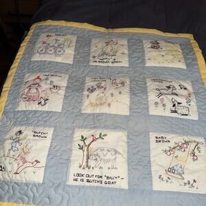 Vintage Hand Sewn Baby Quilt Farmer Brown Lamb Mrs Baby Blue Yellow Embroidered